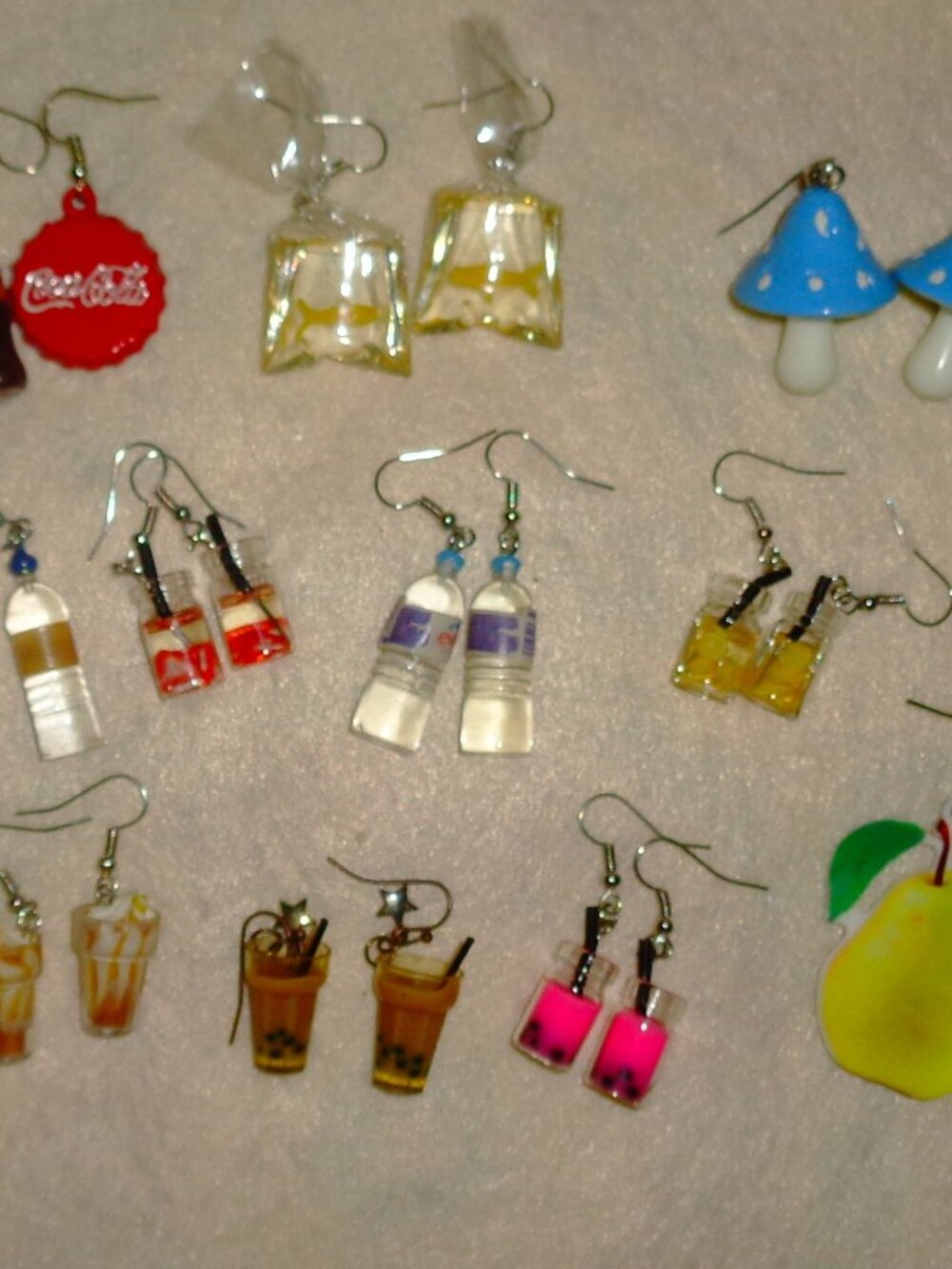 14 Pair of Novelty Earrings - Fruits, Mushrooms, Fish, Water Bottles, Drinks